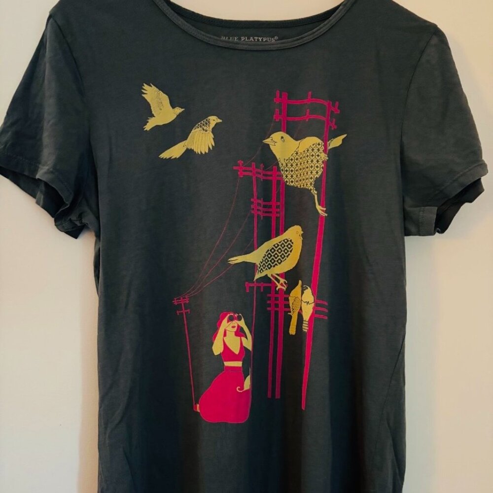Blue Platypus birdwatching print graphic T-Shirt XL NWOT